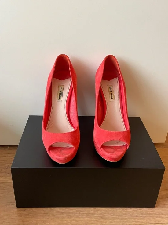 Miu Miu Red Suede Peep-Toe Platform Heels EU 38 Designer Pumps - Picture 2 of 4